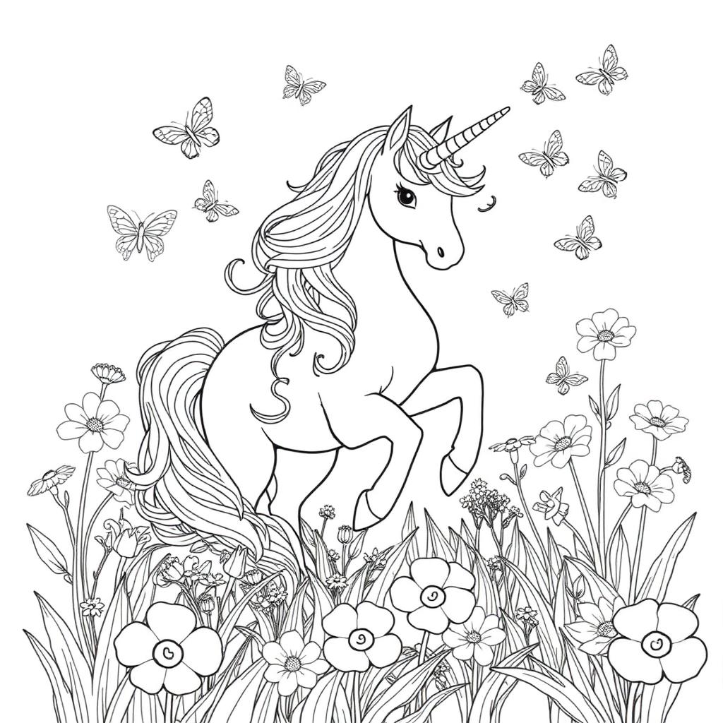 Unicorn in the Meadow — sample coloring page